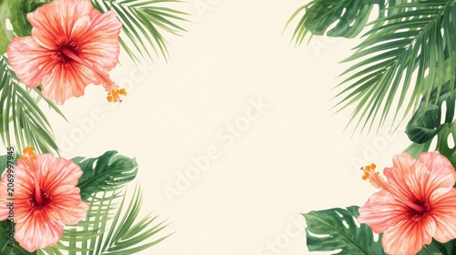 Beautiful tropical frame with pink hibiscus flowers and green palm leaves decoration