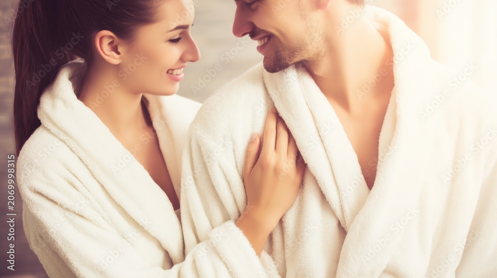 Naklejka premium Couple enjoying time together in bathrobes at a cozy location