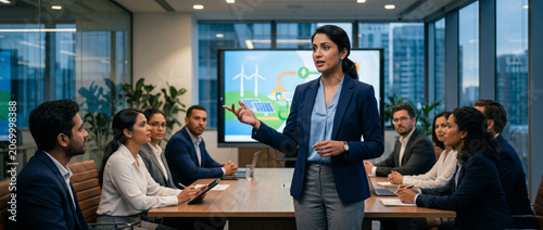 Corporate Sustainability Indian Female Leader Discussing Renewable Energy Business Growth generative ai