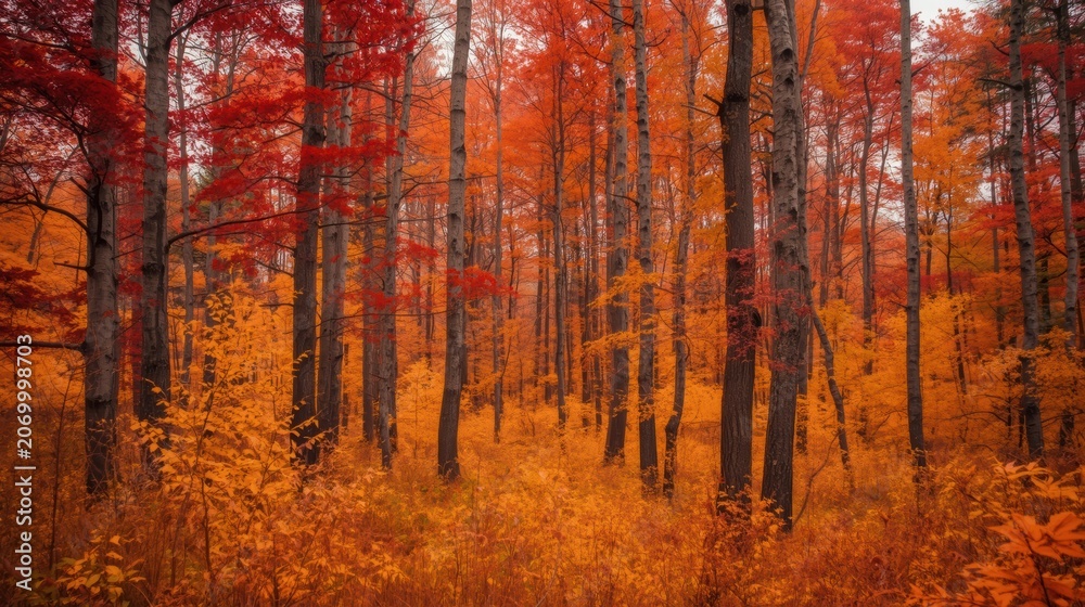 Fototapeta premium Autumn forest landscape with vibrant red and orange foliage, dense woodland of tall trees during fall season, scenic nature background with warm autumnal colors