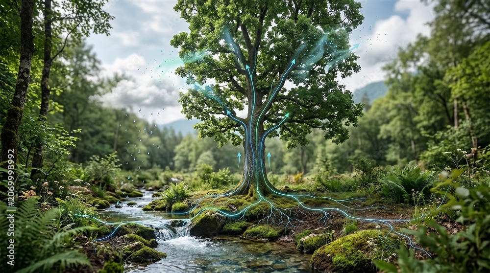 Fototapeta premium Forest tree demonstrating water cycle with glowing energy flow