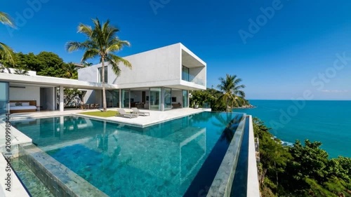 Luxury modern beachfront villa with infinity pool overlooking the ocean, featuring tropical architecture and premium vacation living.