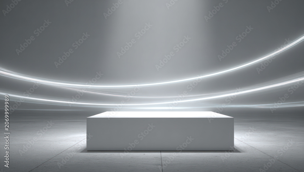 Obraz premium A minimalist white podium with curved light lines illuminating the empty exhibition stage, showcasing a modern and clean design concept.