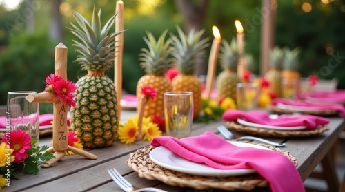Tropical summer table setting with pineapples and pink napkins, festive outdoor dinner party decor, vibrant luau themed celebration with candles