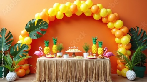 Tropical party table with yellow balloons and pineapple decorations for summer event