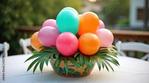 Colorful round balloons in a basket with green palm leaves for a summer party table