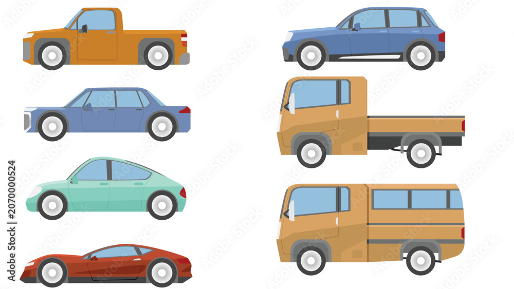 Naklejka premium Collection of flat vector vehicle icons shown from a side view profile. Set includes various automobiles such as a sports car, sedan, pickup truck, SUV, and commercial trucks. Isolated white color.