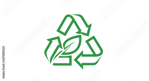 Eco-friendly recycling concept featuring a leaf, and green arrows in a white backdrop