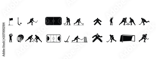 Cuadro en lienzo Bandy Sport Silhouette Icon Collection with Players Goalkeeper Sticks and Rink E