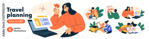 Travel planning concept set. Happy tourists booking hotel, ordering taxi and ...