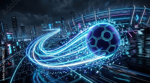 A soccer ball moves swiftly through a futuristic cityscape at night with neon lights Technology Sports Travel Transport