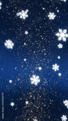 White snowflakes falling on blue glittering winter background.