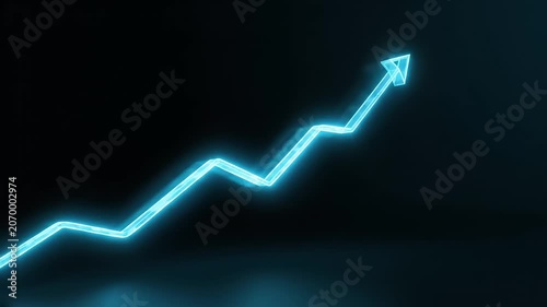 Neon blue glowing upward trending arrow.