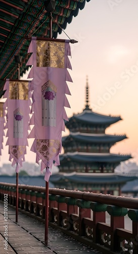 Traditional Korean temple framed by festive decorations, highlighting Korea Liberation Day, cultural preservation, historic beauty, and national celebration.