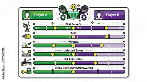 Professional match statistics dashboard vector element with comparison charts, designed for sports analytics, broadcasts, and tournament reports. 