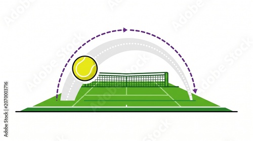 Tennis ball flight path infographic element showing shot movement and direction, perfect for coaching materials, match analysis, and sports presentations. 
