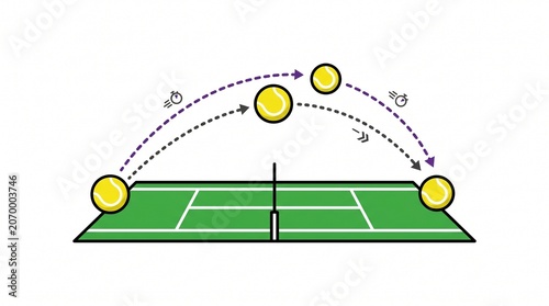 Tennis ball flight path infographic element showing shot movement and direction, perfect for coaching materials, match analysis, and sports presentations. 
