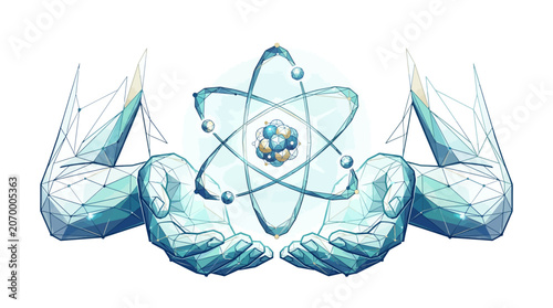 Abstract illustration of a glowing atomic structure held by two geometric hands