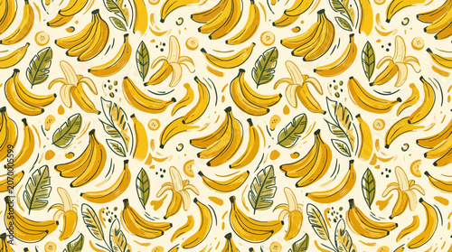 A seamless pattern featuring hand drawn yellow bananas and tropical leaves