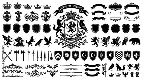 Heraldic symbols and crests icons set.