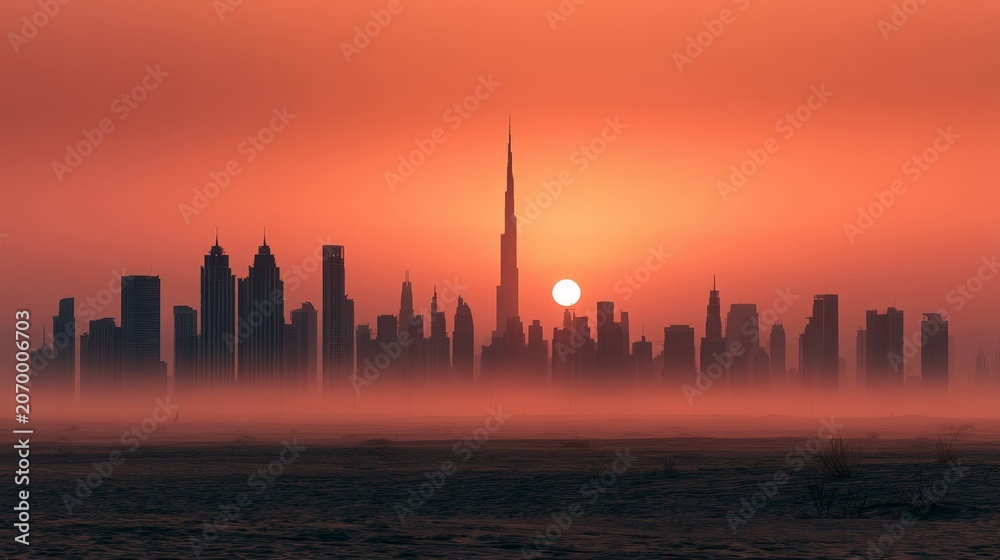 Fototapeta premium Stunning Sunset Over Dubai Skyline with Iconic Burj Khalifa View