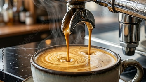 Closeup of fresh espresso coffee pouring from a professional machine into a ceramic cup with beautiful crema swirls and steam