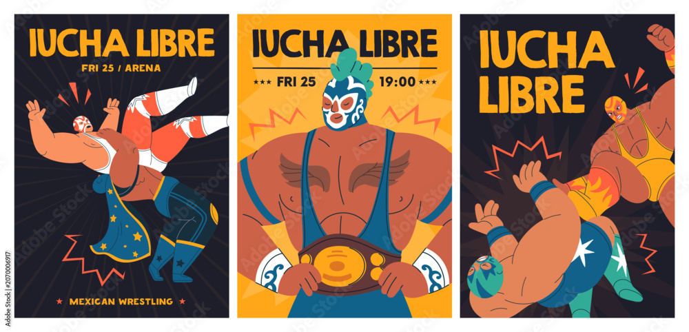 Naklejka premium Mexican Lucha libre fight, wrestling posters set. Mexico wrestlers in masks, Luchador championship, vertical promotion card. Advertising banners, flyer designs, templates. Flat vector illustrations