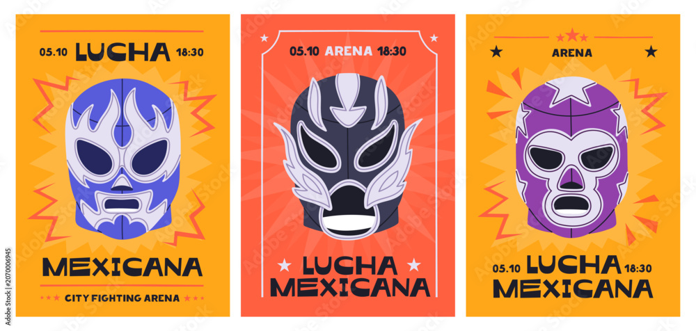 Naklejka premium Lucha libre wrestling posters set. Mexican fight event, vertical promotion card, ad banners. Promo advertising flyer designs, templates with luchador head masks. Flat vector illustrations