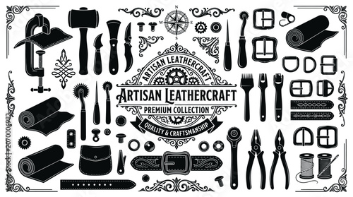 Leather craft tools and equipment set.