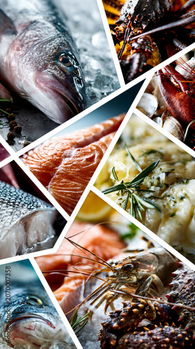 montage of different varieties fish and shellfish in a grid formation separated by a white key line creating a dynamic layout