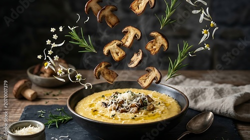 A gourmet bowl of creamy mushroom polenta with floating sliced mushrooms, fresh rosemary, and delicate chamomile flowers on a rustic wooden table