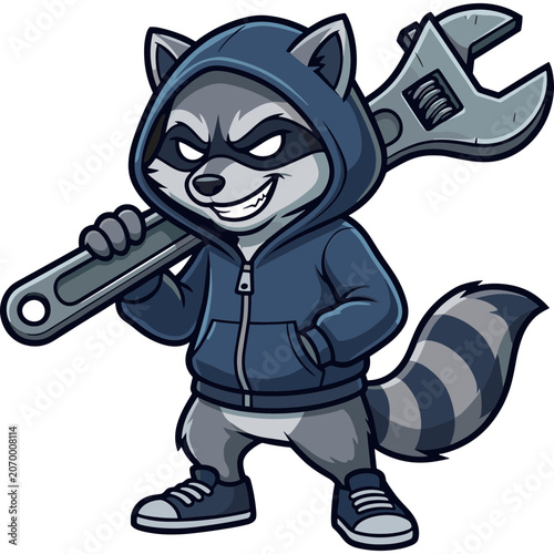 A cartoon raccoon in a blue hoodie holds a large wrench.