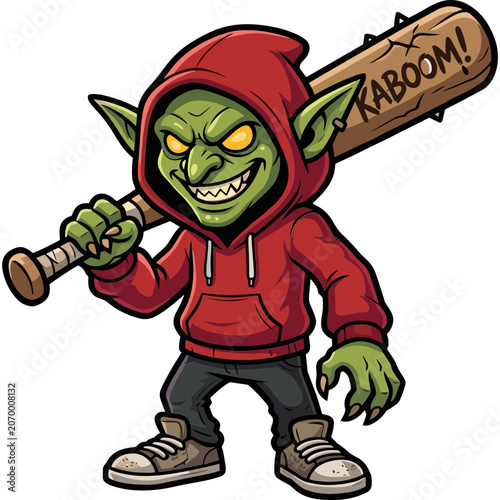 A cartoon goblin holds a large baseball bat and wears a red hoodie indoors.