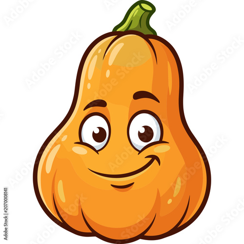 A cheerful cartoon pear with a smiling face and green stem.