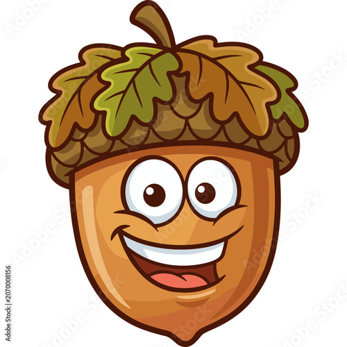 A smiling cartoon acorn character with green and brown leafy cap illustration