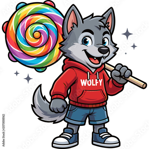 A cartoon wolf character holds a large colorful lollipop in a fun scene.