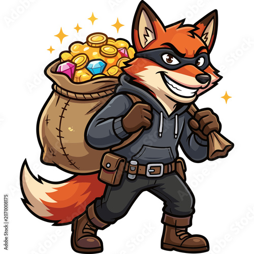 A cartoon fox wearing a mask carries a large sack of gold coins and jewels on its back happily.