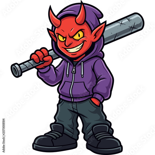 A cartoon devil character wearing purple hoodie holds baseball bat standing confidently.