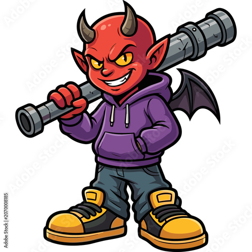 A cartoon devil character wearing a purple hoodie holds a large pipe on his shoulder.