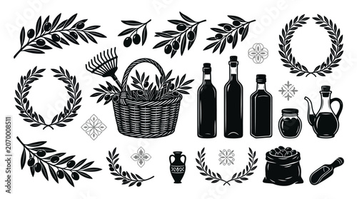 Black and white wine bottles and leaves.