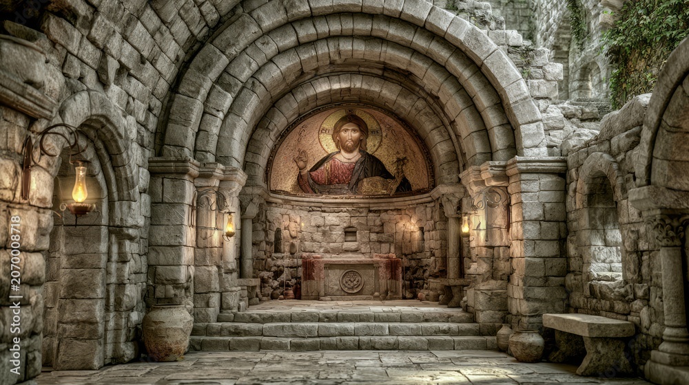 Fototapeta premium Majestic Medieval Romanesque Abbey Interior with Stunning Apse Artwork