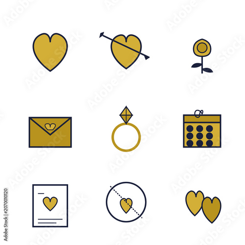 Canvastavla Valentines Day Love Icons Set of 9 Midnight Gold Vector Heart Rose Romance Weddi