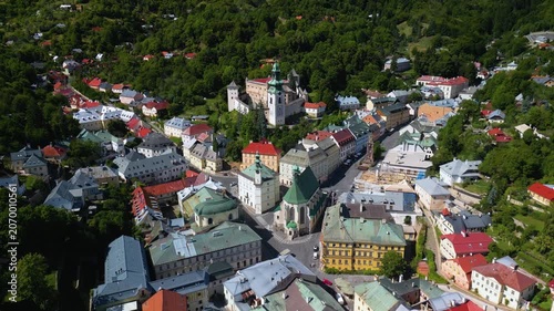 Drone Footage of Old Castle, Old Town, Forests and Mountains in Banska Stiavnica