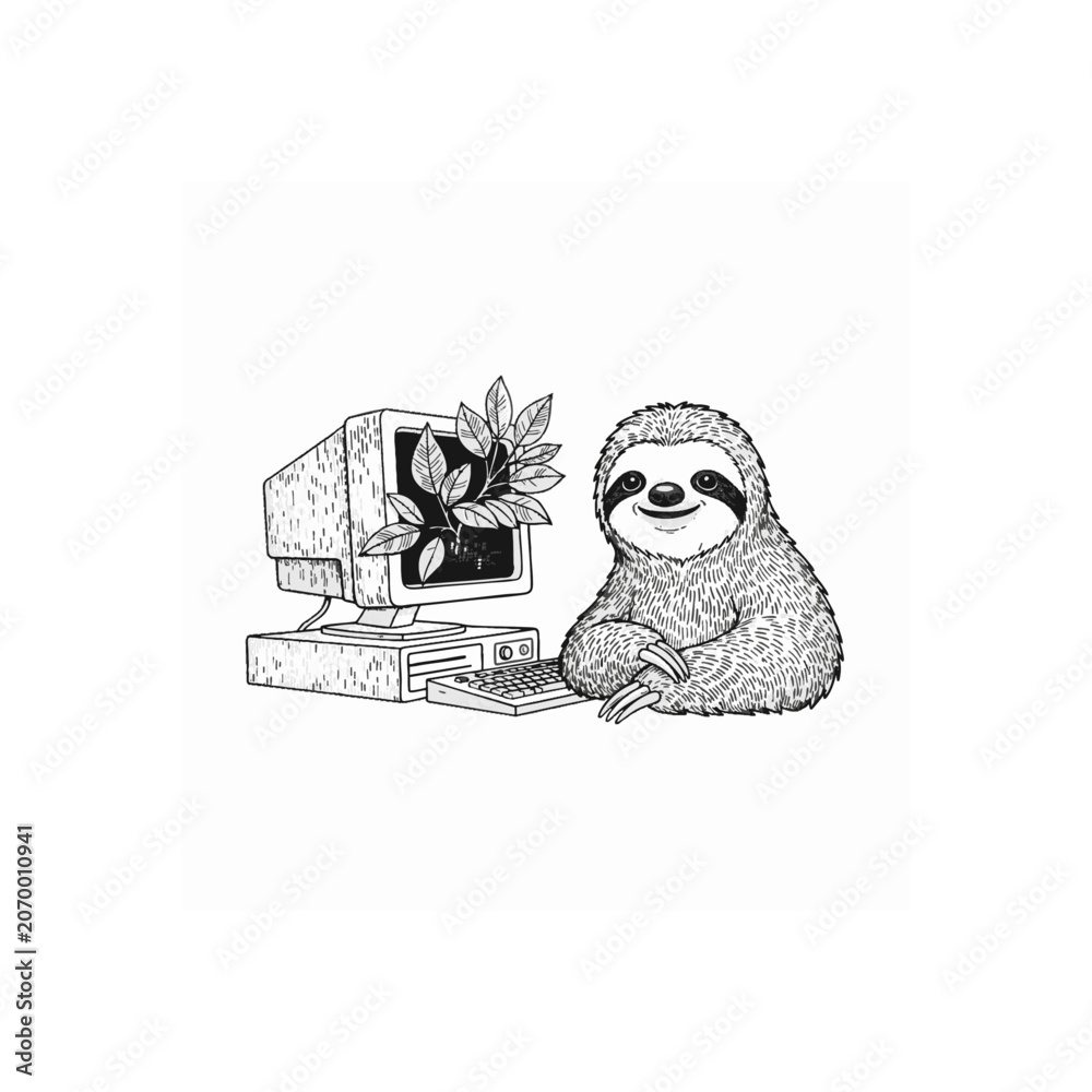 Fototapeta premium Cute cartoon sloth holding a vintage desktop computer with a small plant on top, concept for eco-friendly tech, digital detox, and playful office decor, ideal for app icons, blog illustrations, and