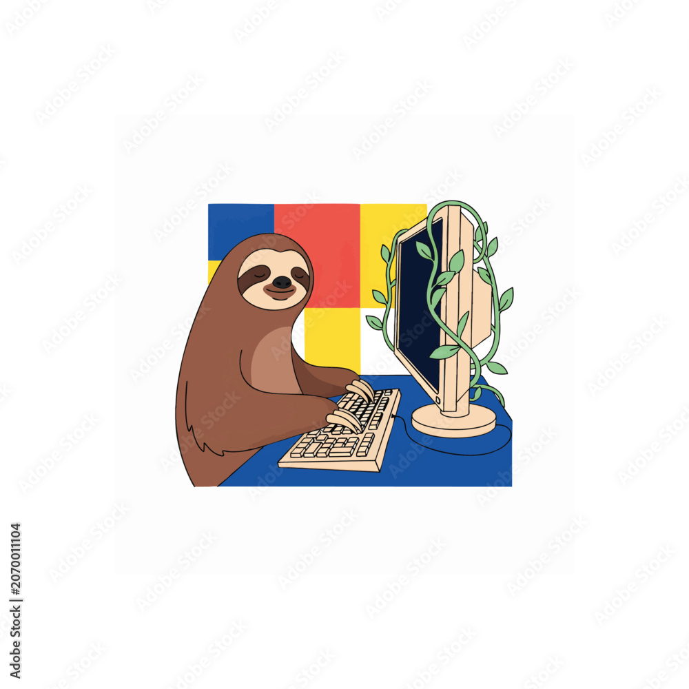 Fototapeta premium Cute cartoon sloth working on a laptop with vibrant tech-themed background, concept for remote work, productivity, and digital nomad lifestyle, ideal for blog illustrations, app interfaces, and