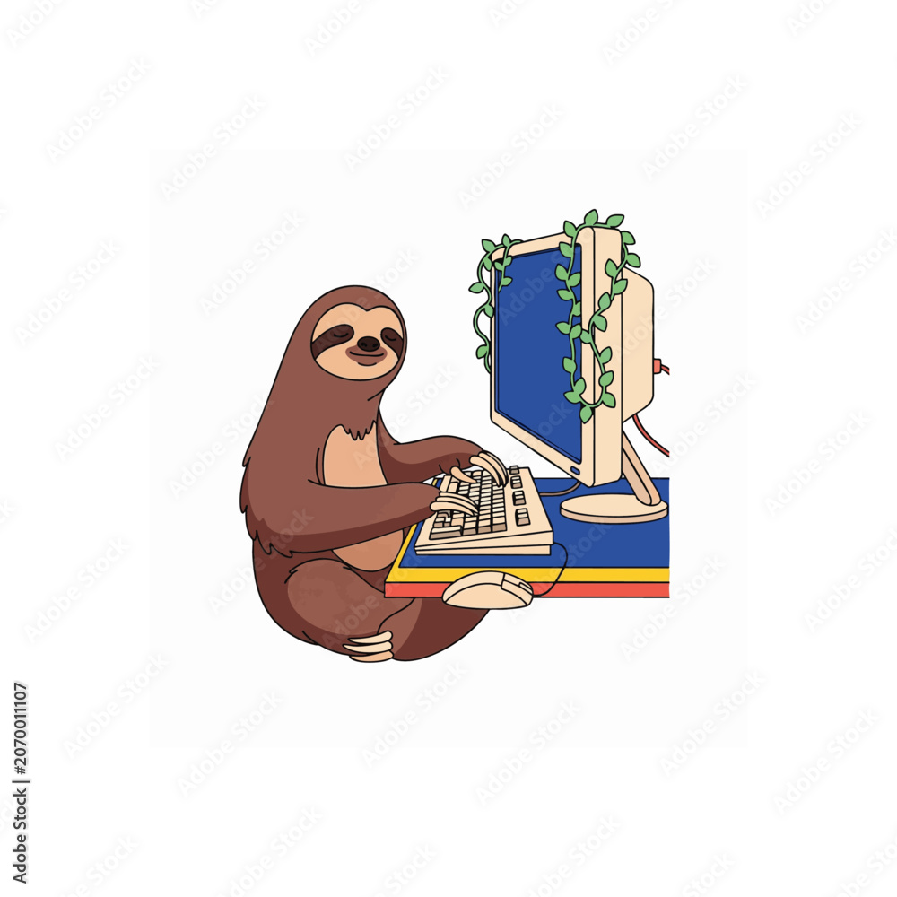 Fototapeta premium Cute cartoon sloth sitting at a wooden desk with retro computer setup, concept for remote work, productivity, and digital lifestyle illustrations for blog posts, educational materials, and social