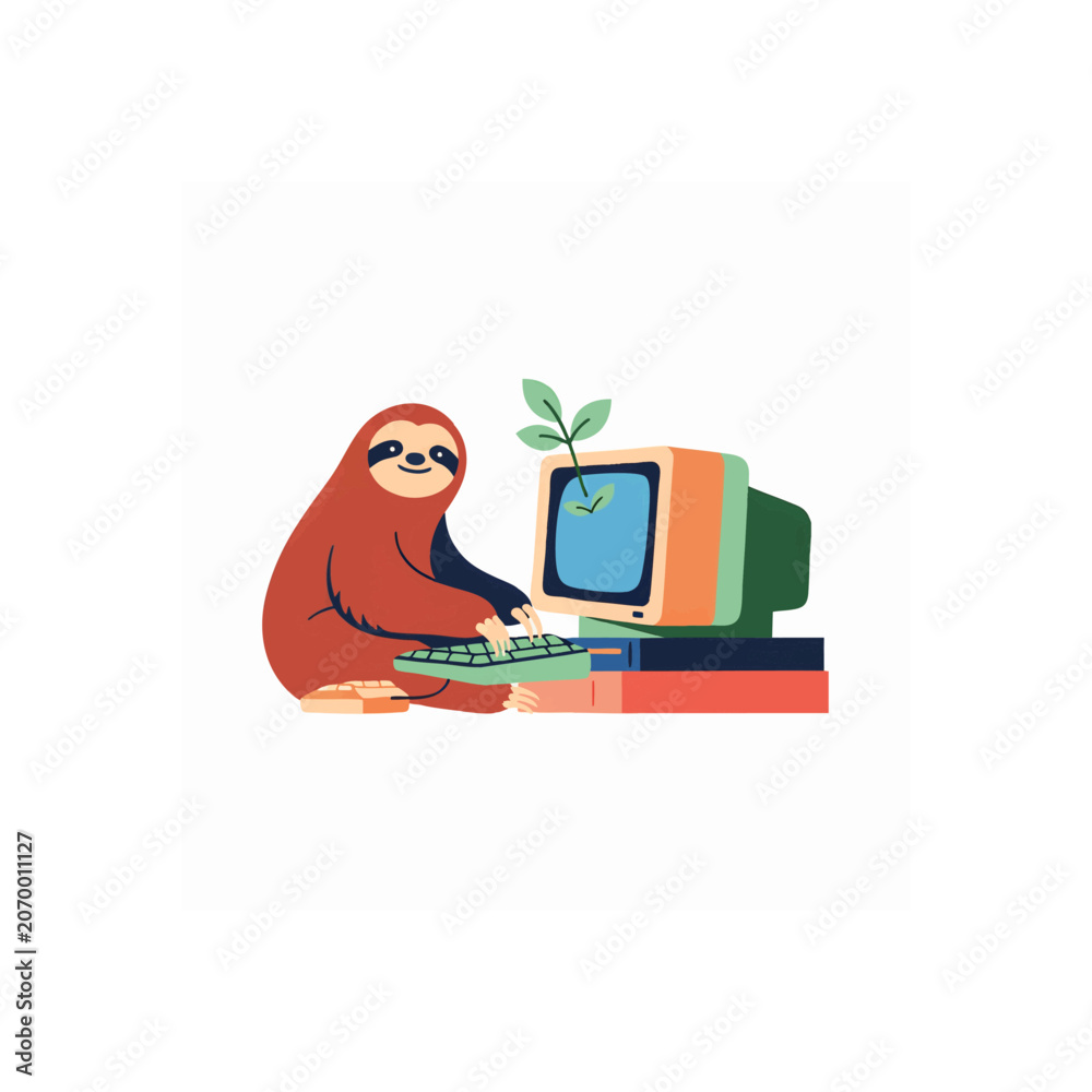 Fototapeta premium Cute cartoon sloth holding retro television with vibrant plant growth on screen, concept for digital detox, eco-friendly lifestyle and mindful relaxation, ideal for wellness apps, children's books