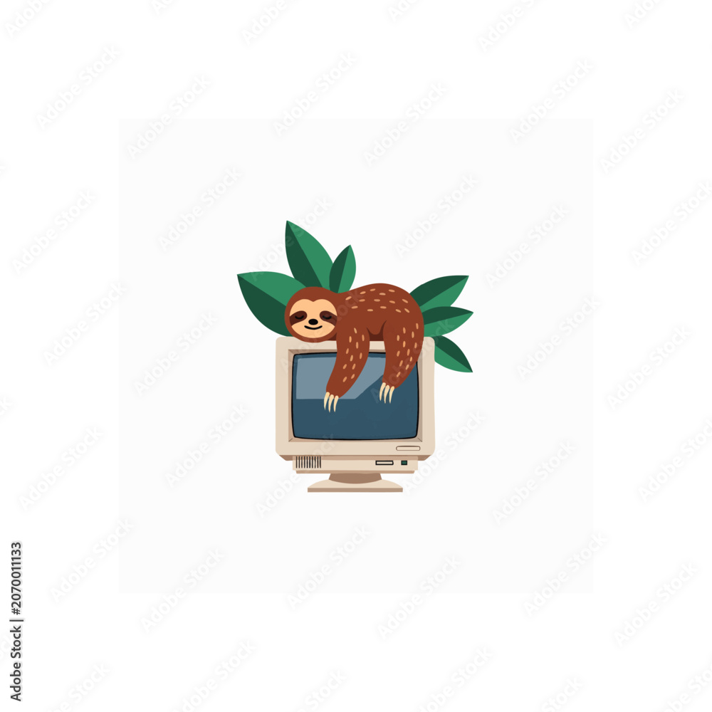 Fototapeta premium Cute cartoon sloth hanging on golden frame with tropical leaves background, concept for wildlife conservation, children's book illustration and eco-friendly branding designs