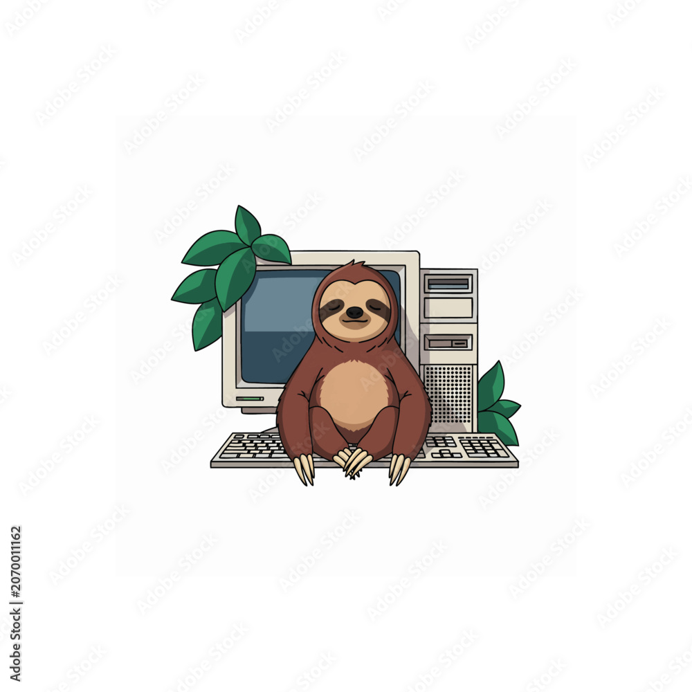 Fototapeta premium Cute cartoon sloth hanging on a retro computer monitor with tropical palm leaves, concept for digital detox, slow living, and mindful technology use in educational materials, wellness blogs, and