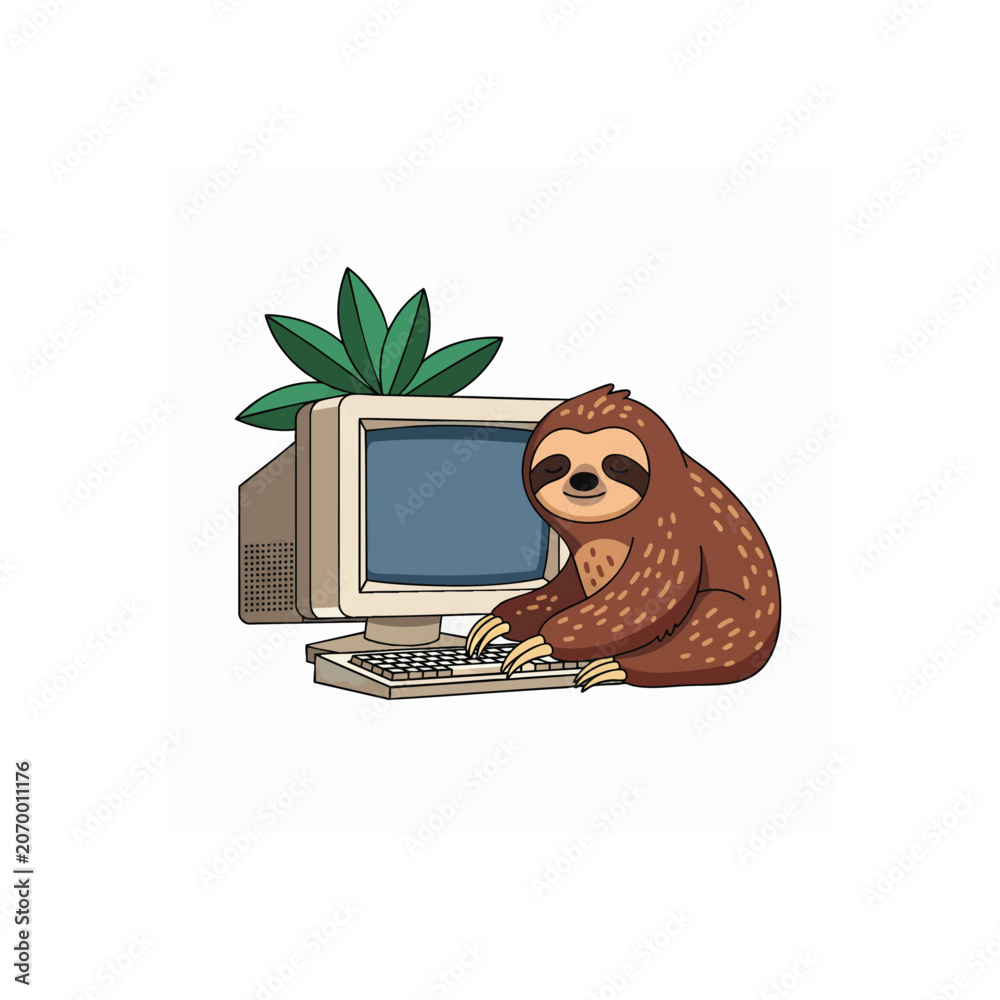 Fototapeta premium Cute cartoon sloth resting on vintage desktop computer with tropical leaf, concept for digital detox and slow living, ideal for mindfulness apps, eco-friendly branding, and wellness blog illustrations